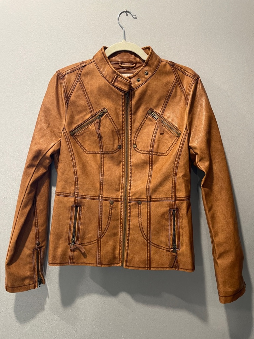 Women’s Tan Faux Leather Moto Jacket Frida G London